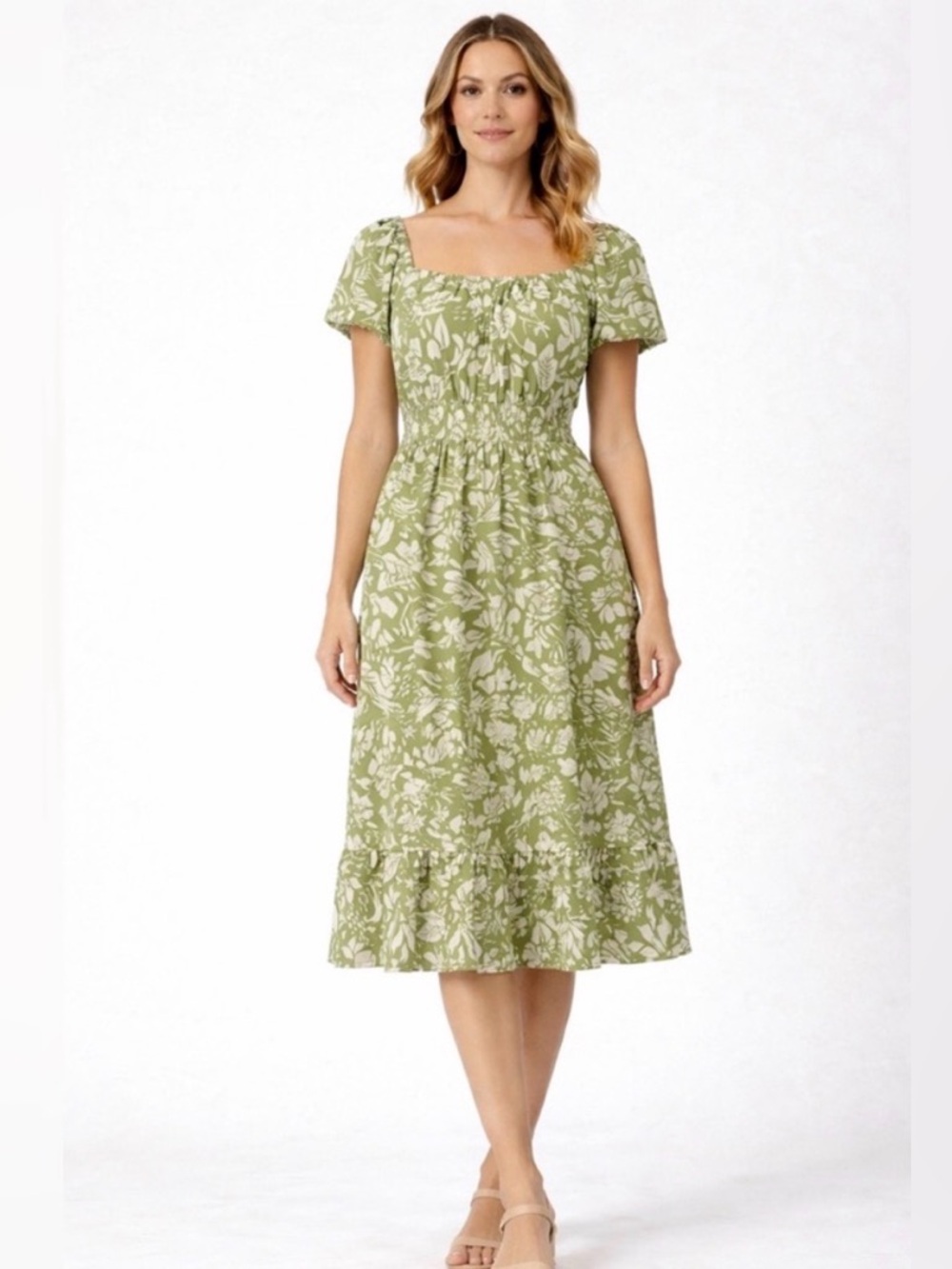 AZ Green Floral Dress Elastic Waist Puff Sleeves NWT Size S/M(E28)✨